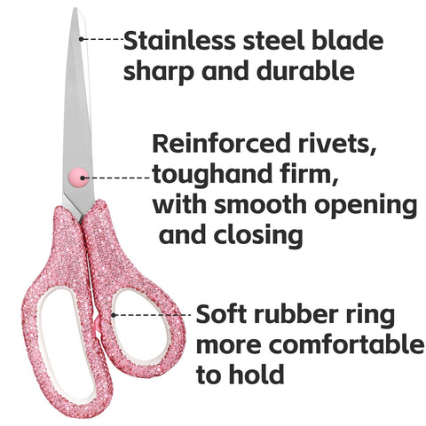 Pink scissors from Sparkle Pink 4Pc Stapler And Tape Dispenser Set, with rhinestones, stainless steel blade, and soft rubber handles.