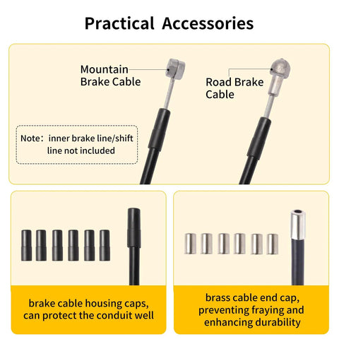 Heavy Duty Brake Cable Housing For Mountain And Road Bikes Lined 5mm By 3 Meters Black Durable Rubber Outer Premium Spiral Steel Wires Inner PVC Lubricant Tube Easy Replacement For DIY Friendly Bike Gear Wires And Cables with practical accessory caps and end caps illustration.