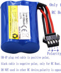 2 Pack 7.4V 1200mAh Li-ion RC Boat Battery With SM 4P Connector And USB Cable Replacement For HJ808 HJ823 2.4GHz Remote Boats Beefed Up Capacity Fast USB Charging Safe Lithium Ion Cells image showing polarity and SM-4P plug