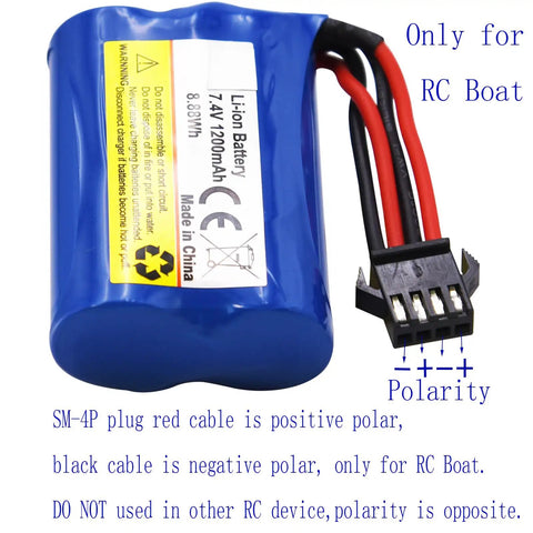 2 Pack 7.4V 1200mAh Li-ion RC Boat Battery With SM 4P Connector And USB Cable Replacement For HJ808 HJ823 2.4GHz Remote Boats Beefed Up Capacity Fast USB Charging Safe Lithium Ion Cells image showing polarity and SM-4P plug