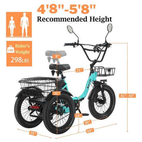 Electric Tricycle For Adults With Fat Tires Folding Three Wheeler E Bike Step Through Etrike With Removable Battery And Large Basket Peak 700W And 1100W Power Smooth Comfy Ride For Cruising And Errands, dimensions shown
