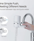 NSF Certified Faucet Water Filter 0.01 Micron Ultra Filtration for Bathroom Sink in use with hand demonstrating push feature
