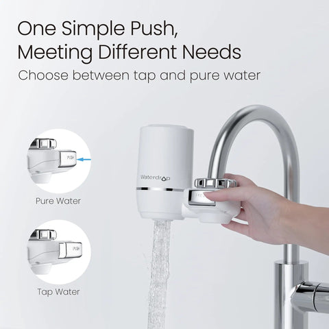 NSF Certified Faucet Water Filter 0.01 Micron Ultra Filtration for Bathroom Sink in use with hand demonstrating push feature