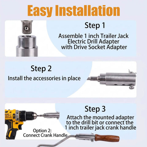 Installation steps for Heavy Duty Trailer Jack Drill Adapter showcasing assembly with drill and accessories.