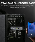 Bluetooth XLR Receiver For Audio Mixers PA Systems And DJ Setups With Professional Wireless Connectivity And High Fidelity Audio For Studio And Live Sound Easy Setup And Reliable Wireless Range shown connected to sound system with smartphone display.