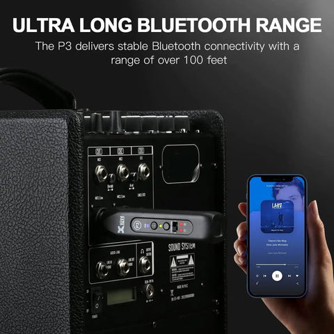 Bluetooth XLR Receiver For Audio Mixers PA Systems And DJ Setups With Professional Wireless Connectivity And High Fidelity Audio For Studio And Live Sound Easy Setup And Reliable Wireless Range shown connected to sound system with smartphone display.