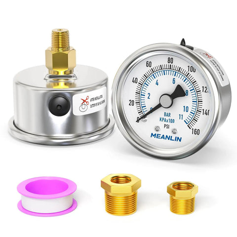 Stainless Steel Dry Pressure Gauge 0 To 160 Psi With Two Inch Dial Back Mount For Air Compressors RV Regulators And Water Systems