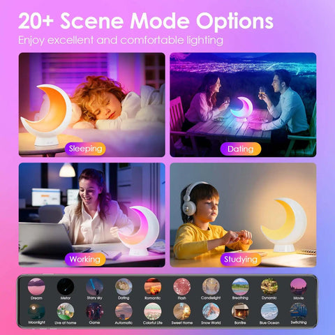 Smart Moon Table Lamp With Touch Control And Bluetooth App Control 20 Plus Scene Modes Music Sync Sleep Timer in various settings