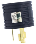 Heavy Duty Parallel Coupler Kit For Dual Portable Generators Snappy Thirty Amp RV Adapter close-up of adapter plug with UL listing.