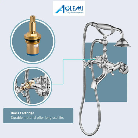 Polished Chrome Tub Filler And Wall Mount Faucet Set With Handheld Shower Sprayer And Tub Spout Double Cross Handles All Metal Brass Construction 1.25 GPM Bathroom Mixer Shower System For Clawfoot Tubs, showing detailed brass cartridge and handle mechanism.