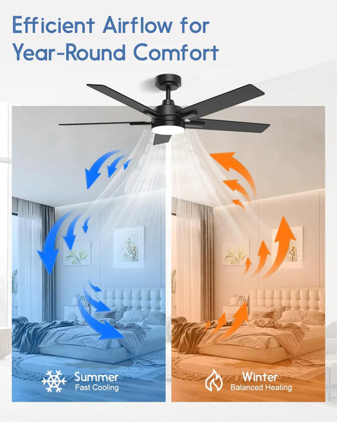Energy saving 52 Inch Smart Ceiling Fan With Lights Black, Alexa And Google Home Ready, reversible DC motor for all seasons