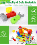 Musical Toddler Tool Bench Set For One Year Olds with colorful tools and shape sorter, featuring BPA-free and non-toxic materials.