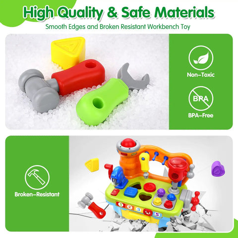 Musical Toddler Tool Bench Set For One Year Olds with colorful tools and shape sorter, featuring BPA-free and non-toxic materials.