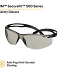 SecureFit 500 Series Safety Glasses With Adjustable Ratchet Temples All Day Comfort Anti Fog Anti Scratch Gray Lens Black Frame ANSI Z87 Impact Rated Indoor Outdoor Sporty Eye Protection