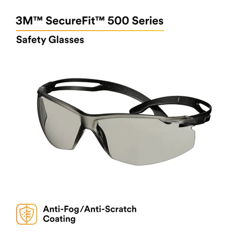 SecureFit 500 Series Safety Glasses With Adjustable Ratchet Temples All Day Comfort Anti Fog Anti Scratch Gray Lens Black Frame ANSI Z87 Impact Rated Indoor Outdoor Sporty Eye Protection