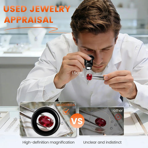 Man using Five Piece Jewelers Loupe Set With 5X 10X 15X 20X 30X 36mm Glass Lenses to inspect a gem, clear view