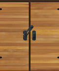 Self-Closing Gate Latch Kit With Tee Hinge And 4-Inch T-Strap Hinges Black Finish installed on wooden gates
