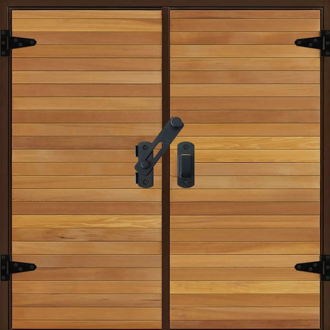 Self-Closing Gate Latch Kit With Tee Hinge And 4-Inch T-Strap Hinges Black Finish installed on wooden gates