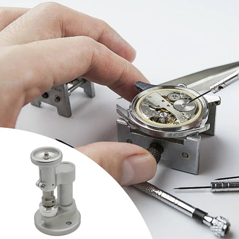 Tabletop Watch Case Press for Quick Battery Replacement, Aluminum Silver Tool, professional watchmakers handling watch mechanism.