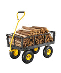 Heavy Duty Steel Garden Cart With Ten Inch All Terrain Tires On Wheels, 500 Lb Load Capacity, Removable Mesh Sides, And 180 Degree Rotating Handle, Pullable Yard Utility Wagon For Soil, Stone, Dirt, And Tools loaded with firewood