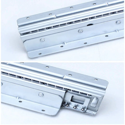 Beefy Heavy Duty Drawer Slides With Ball Bearings Full Extension Steel Guides for 130 Kg Load Pull Out Shelves, close-up view.