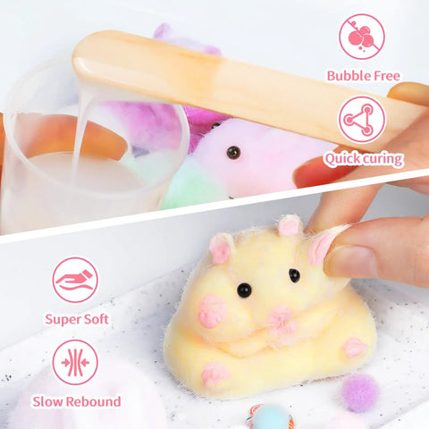Taba Squishy Making Kit For DIY Squishies One To One AB Liquid Silicone being mixed and a soft yellow squishy being shaped.