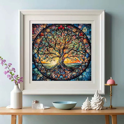 Tree Of Life Diamond Painting Kit For Adults Beginners 5D Full Drill Round Beads DIY Dot Art For Home Wall Decor displayed in frame