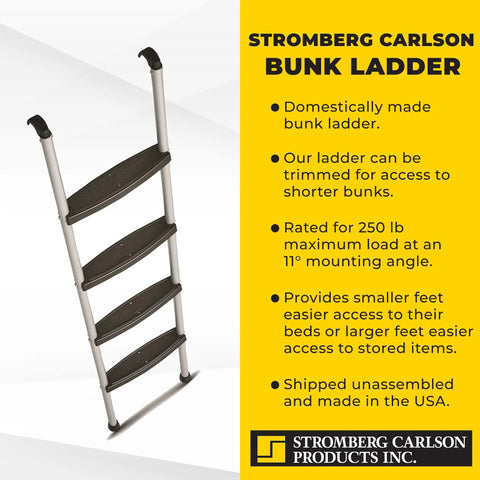 Lightweight Aluminum Bunk Ladder For RVs And Campers, 60 Inch Tall With Non Slip Rubber Feet, Secure Hooks, Includes Mounting Hardware, Molded Plastic Steps, Rust Free Stairs For Travel Trailers And Mobile Homes, angled view