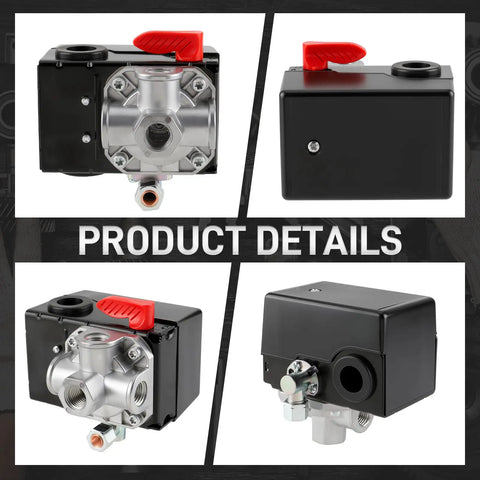 Heavy Duty Replacement Pressure Switch For Portable Air Compressor Featuring An Automatic Unloader Valve And Secure Cover Handles 150 Psi Single Pole No Sweat Upgrade D26612 shown from multiple angles with components visible.