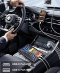 Get Savage Speed With Dope 90W USB C Car Charger 3 Pack Dual 45W PD QC 3.0 charging smartphones in modern car interior.