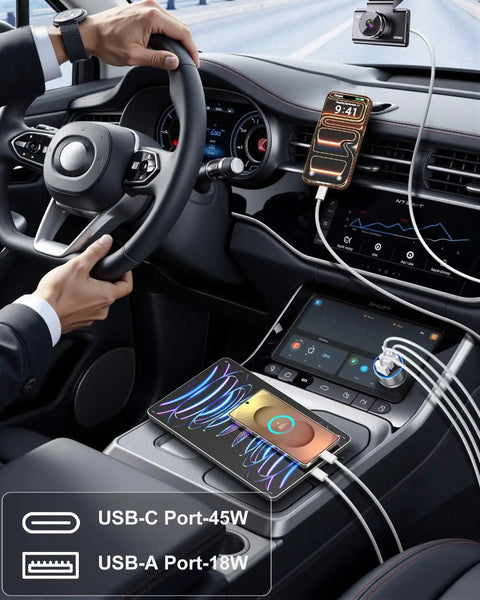 Get Savage Speed With Dope 90W USB C Car Charger 3 Pack Dual 45W PD QC 3.0 charging smartphones in modern car interior.