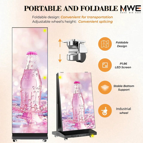 No Sweat Setup 80 Inch P1.86 Led Digital Signage Display With Smart Publishing Suite And Rugged Flight Case Foldable Ad Kiosk video wall showing portable design and adjustable wheel.