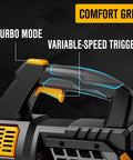 Close-up of cordless leaf blower handle with comfort grip, turbo mode, and variable-speed trigger for a 550 CFM 150 MPH blower.