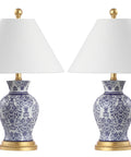 Blue And White Chinoiserie Ceramic Floral Table Lamp Set Of 2 With Linen Shade, 21 Inch Tall Vase Style Lamps For Living Room Or Bedroom Vibes, Modern Traditional Lighting, LED Bulbs Included