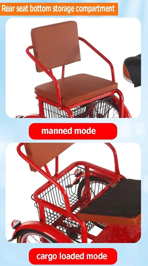 Rear seat storage of Dual Seat Pedal Tricycle For Kids And Adults, Tandem Cruiser with Rear Passenger Seat in two modes