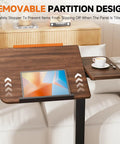 Tiltable Mobile Standing Desk With Wheels Pneumatic Height Adjustable Overbed Table in walnut with tablet and cup