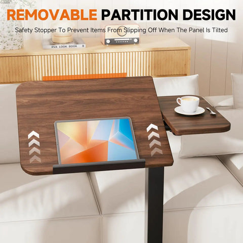 Tiltable Mobile Standing Desk With Wheels Pneumatic Height Adjustable Overbed Table in walnut with tablet and cup