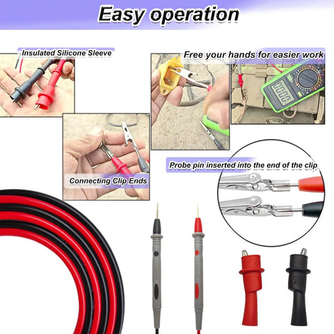 Pro Grade Multimeter Test Leads Kit With 1000V 20A Capacity 40.5 Inch Silicone Probes And Ultra Sharp Gold Plated Tips Handy Alligator Clips For Hands Free Testing Compatible With Fluke AstroAI Klein And Automotive Diagnostics showing clips and probes in use