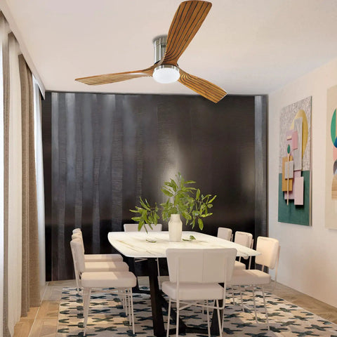 Dining room view with 52 Inch Yellow Wood Hugger Ceiling Fan With Light And Remote, Low Profile Flush Mount Ceiling Fan For Patio Farmhouse And Bedroom, Quiet 6 Speed Motor, Dimmable Light, Timers 1 2 4 8 Hours.