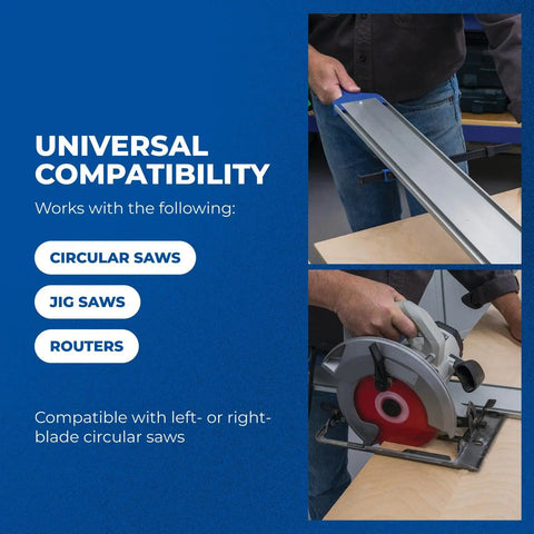 Genuine Aluminum Rip Fence Guide For Slick Straight Cuts On Circular Saws And Routers With Quick Lock Adjustment demonstrated with a circular saw.