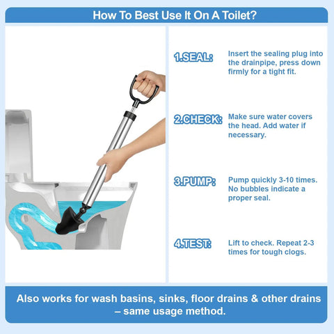 Heavy Duty Toilet Plunger And High Pressure Drain Gun With Pipe Auger Set demonstrating sealing and pumping technique on toilet.