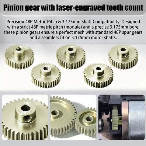 Beefed Up Aluminum 48P Pinion Gear Set for 3.175mm Shafts 33T 34T 35T 36T 37T with M4 Screw, Hex Key, Fits 1/8 Inch Shaft