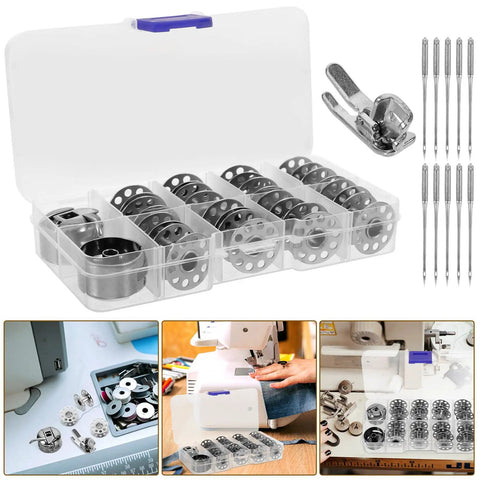 Must Have 31 Piece Bobbin And Small Bobbin Case Set For Household And Industrial Sewing Machines, Easy To Install, Prevents Knots And Unraveling, Portable Crafting And Repair Kit For Everyday Sewing Projects. Plastic storage box with metal bobbins, bobbin case, and sewing needles