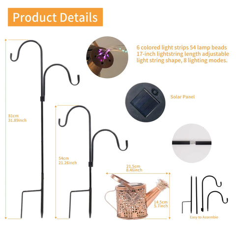 2 Pack Solar Watering Cans With Cascading Lights, adjustable shepherd hook details, metal lantern, solar panel close-up