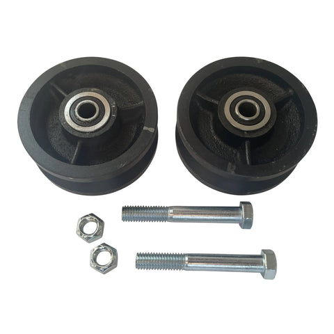 Pair of 4-inch cast iron machined V-groove wheels with bearings, bolts and nuts (Amazon)