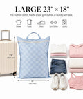 Large blue checkered wet dry bag and suitcase with clothes, shoes, gym gear; Two Pack Large Wet Dry Bags For Swimwear And Laundry, Waterproof Travel Organizer Keeps Wet And Dry Clothes Fully Separated, Cute Checkered Design With Zipper And Handle, A Must Have For Pool, Beach, Camping, Gym, And Road Trips.