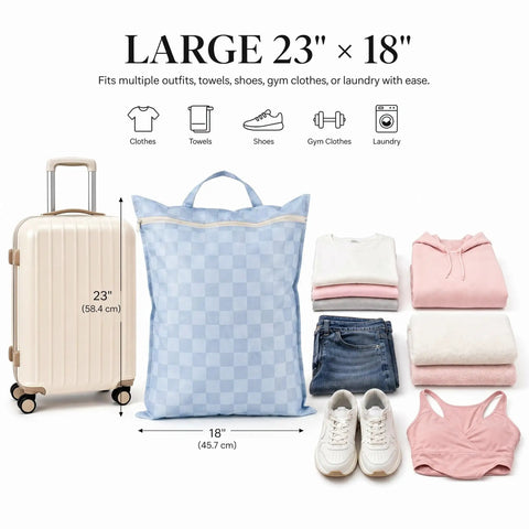 Large blue checkered wet dry bag and suitcase with clothes, shoes, gym gear; Two Pack Large Wet Dry Bags For Swimwear And Laundry, Waterproof Travel Organizer Keeps Wet And Dry Clothes Fully Separated, Cute Checkered Design With Zipper And Handle, A Must Have For Pool, Beach, Camping, Gym, And Road Trips.