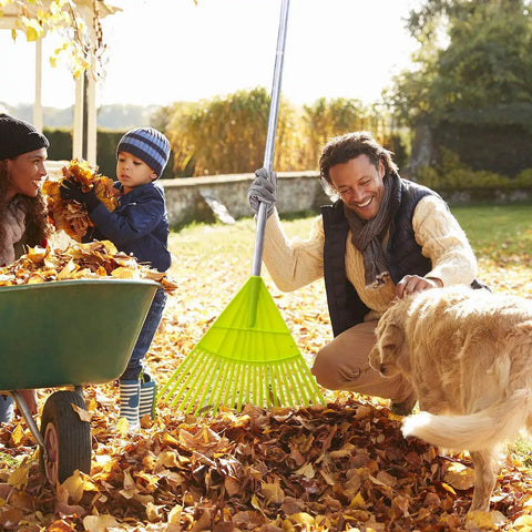 Family using Lightweight Plastic Leaf Rake With 56 Inch Stainless Steel Handle And 22 Tines Plastic Head in autumn garden.
