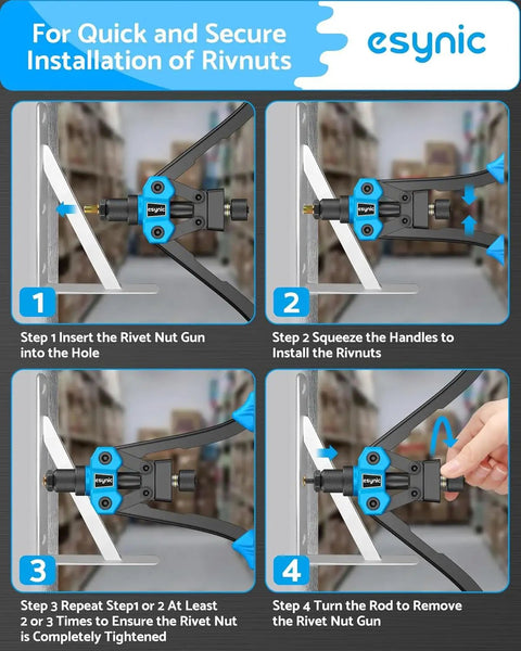 Four-step process using Pro Grade Rivet Nut Tool Kit With 6 Mandrels And 125 Rivet Nuts M3 To M10 Heavy Duty Hand Rivnut Gun
