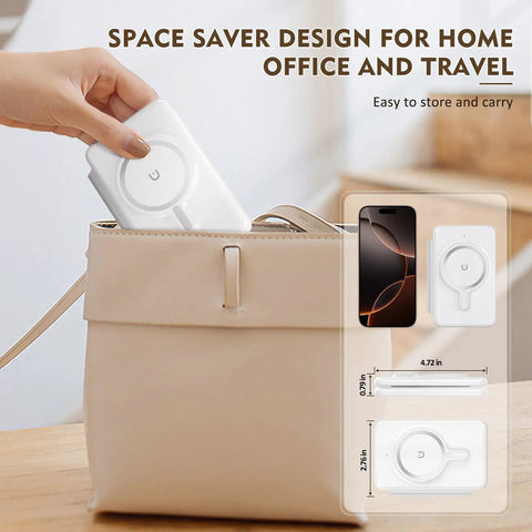 Hand placing foldable Three In One Magnetic Wireless Charger Travel Station into a beige handbag, space saver design shown